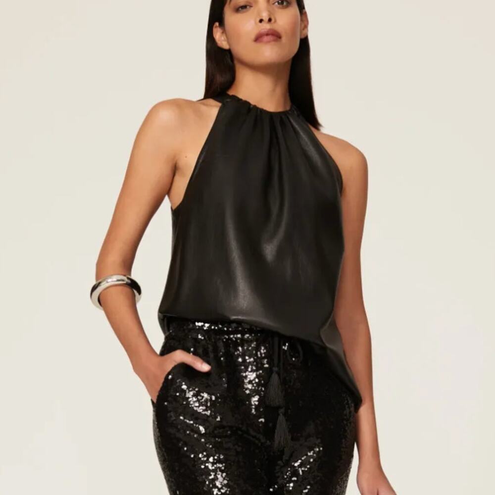 Joie Black Faux Leather Halter Top SMALL Tank Shell Designer $228 Tiny Flaw